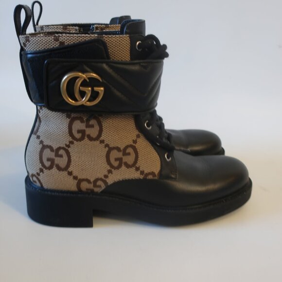 Womens Gucci Flores Ebony Mocha Guccissima Canvas Leather Moto Booties 3… - Picture 6 of 16